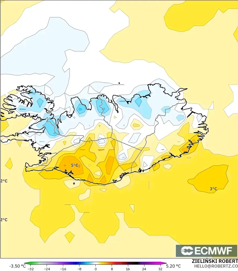 ECMWF IFS 0.25° model - İzlanda, 2 m Sıcaklık Anomalisi