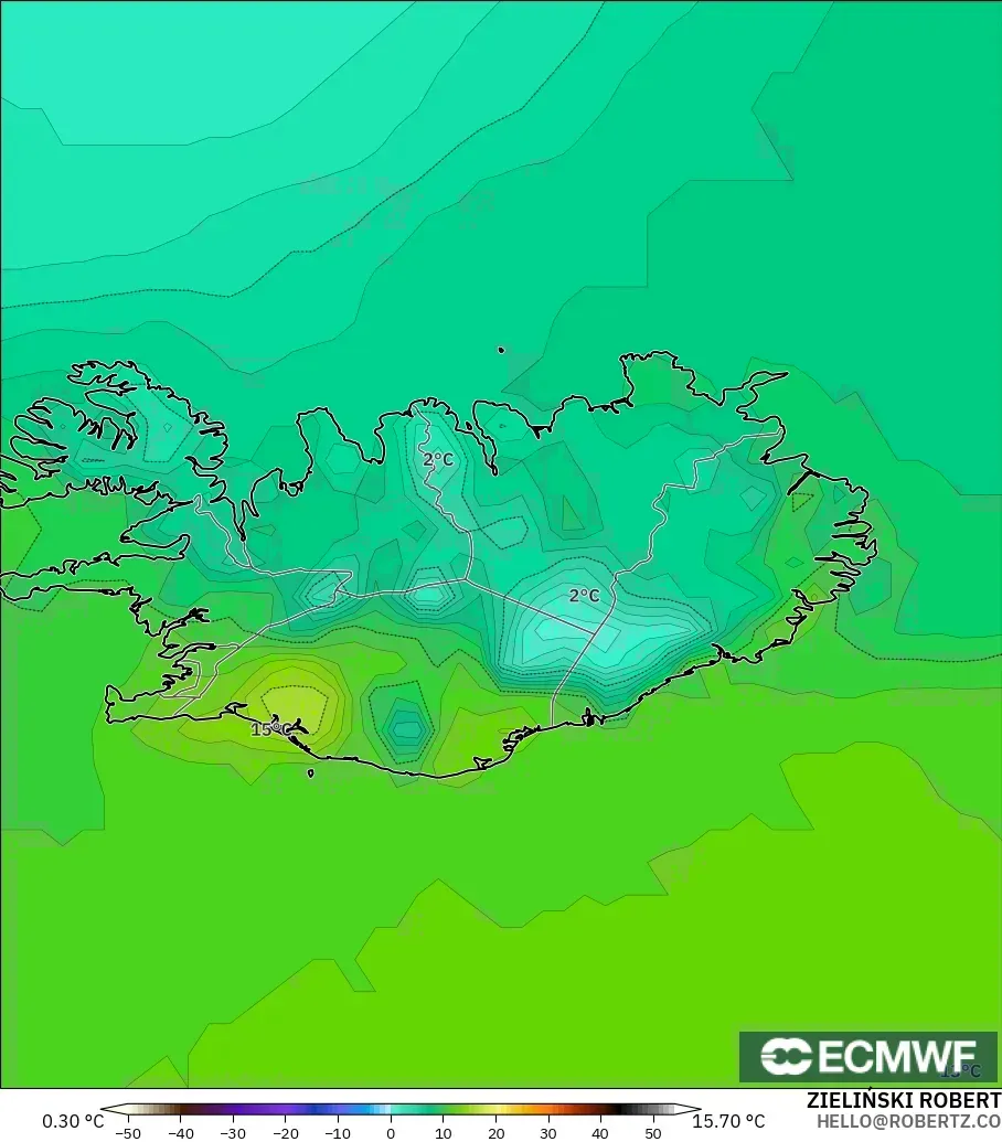 ECMWF IFS 0.25° model - İzlanda, 2 m Sıcaklık