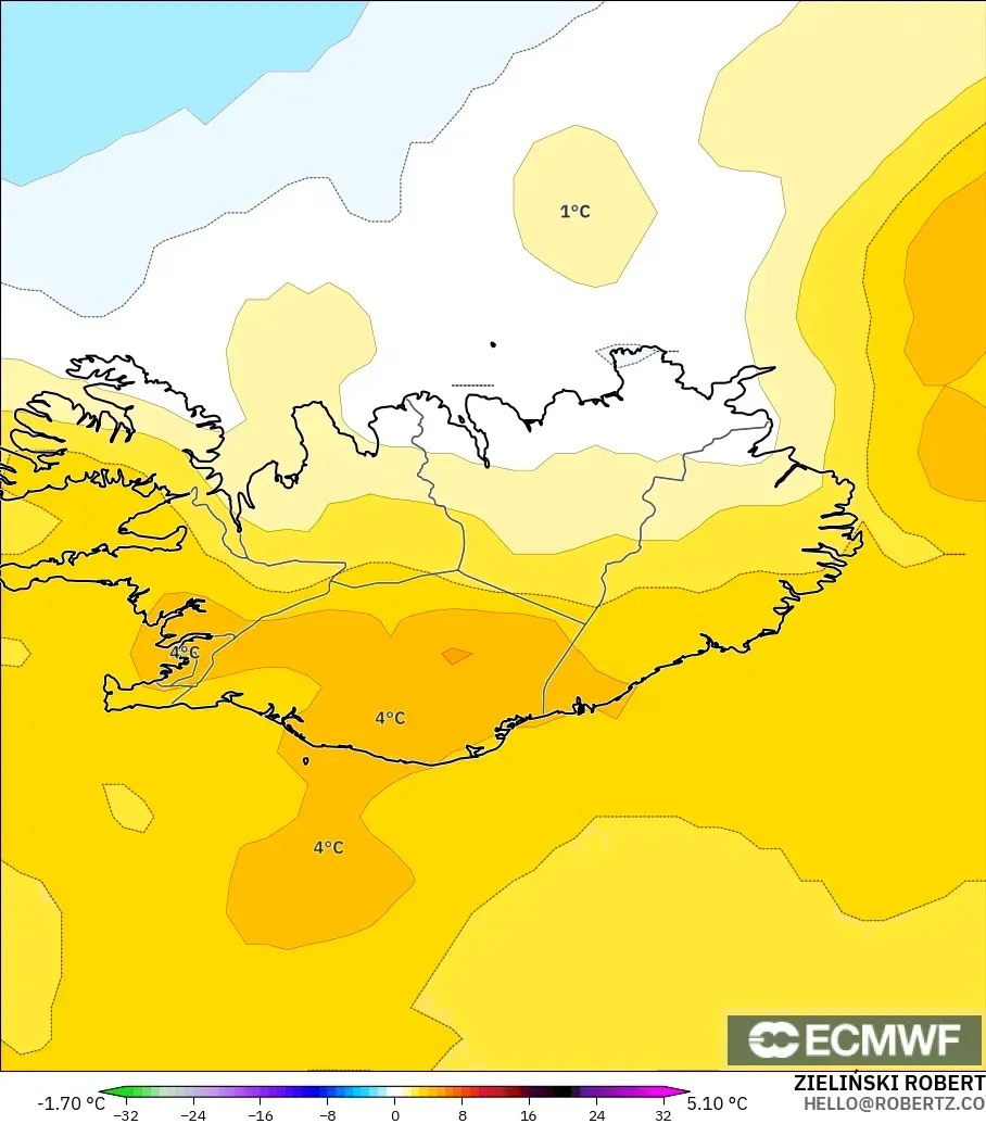 ECMWF IFS 0.25° model - İzlanda, 850 hPa Sıcaklık Anomalisi