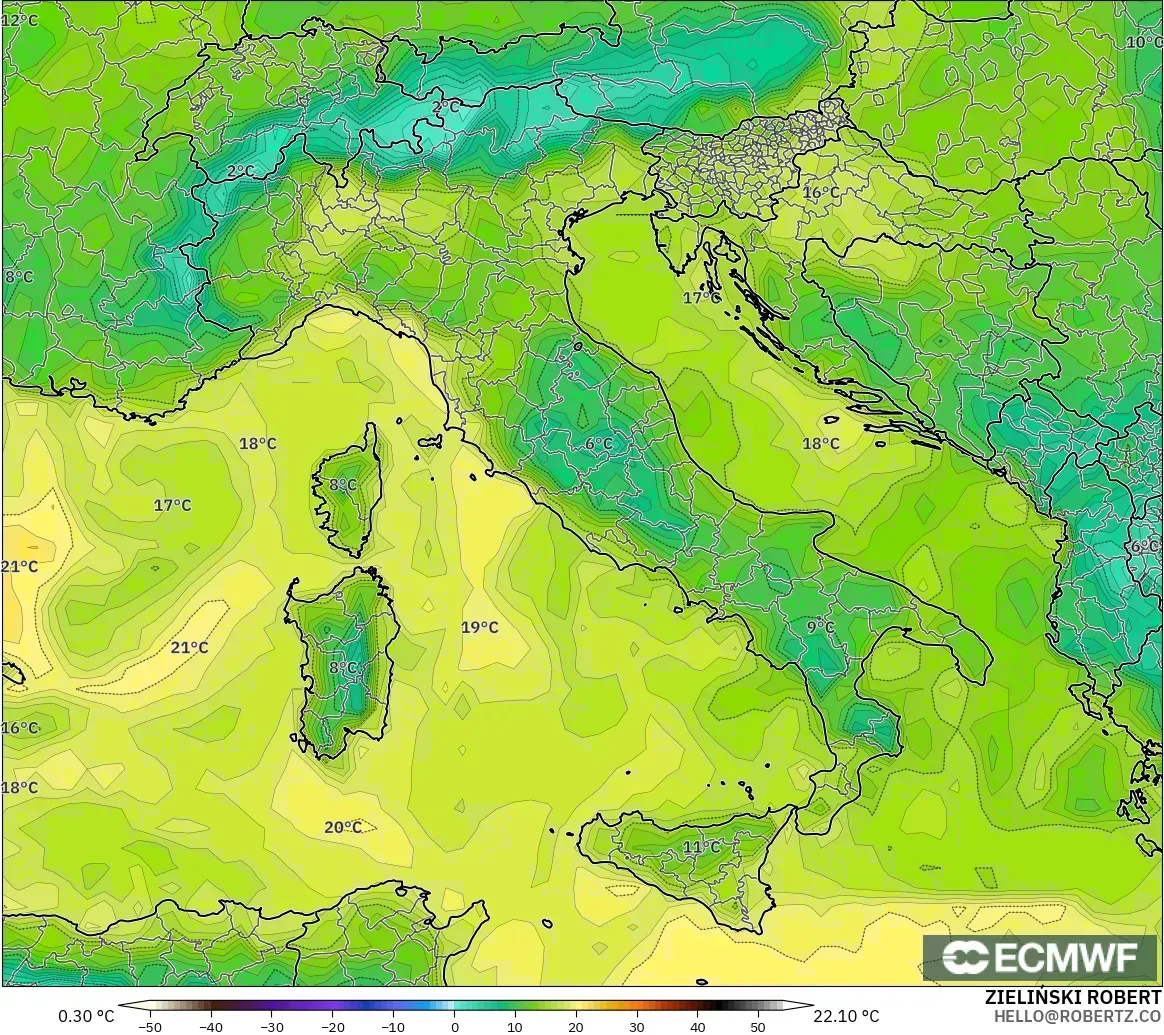 ECMWF IFS 0.25° model - İtalya, 2 m Çiy Noktası