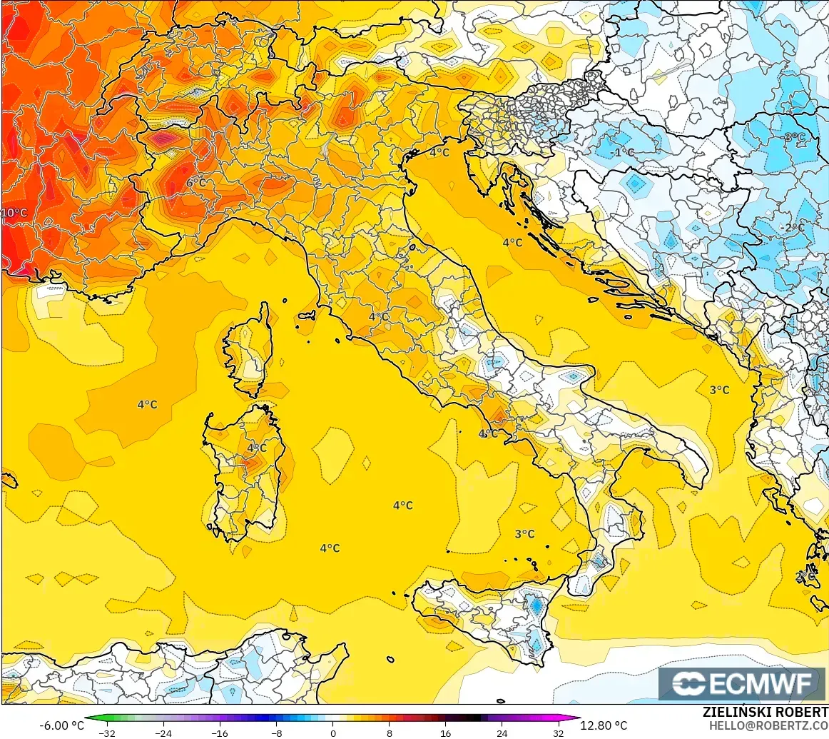 ECMWF IFS 0.25° model - İtalya, 2 m Sıcaklık Anomalisi