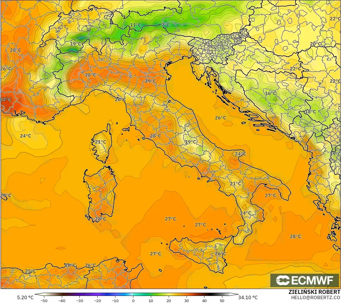 ECMWF IFS 0.25° model - İtalya, 2 m Sıcaklık