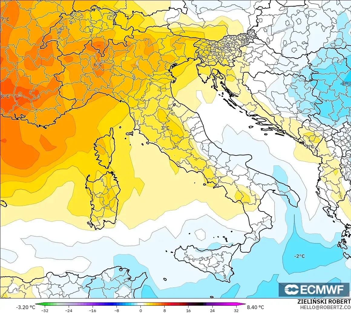 ECMWF IFS 0.25° model - İtalya, 850 hPa Sıcaklık Anomalisi