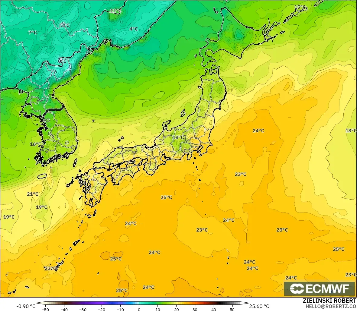 ECMWF IFS 0.25° model - Japonya, 2 m Çiy Noktası