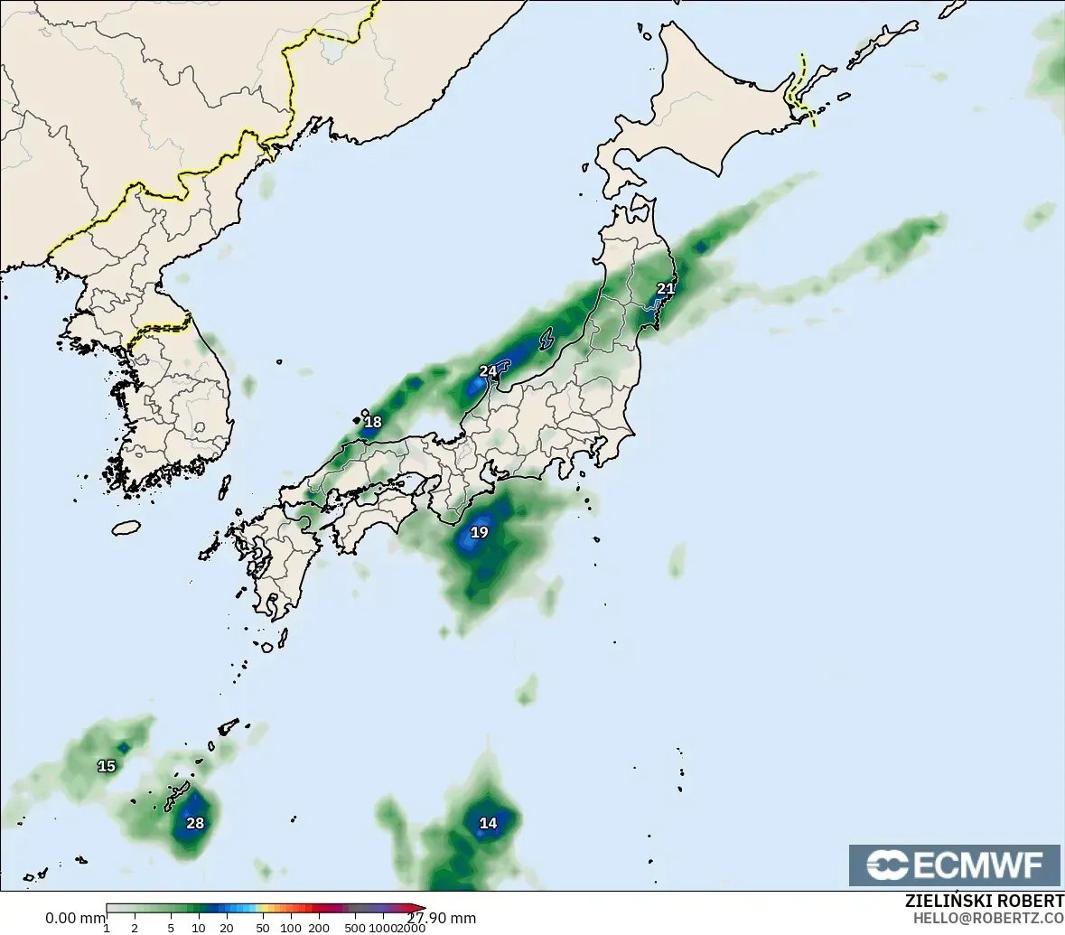 ECMWF IFS 0.25° model - Japonya, Yağış Birikimi
