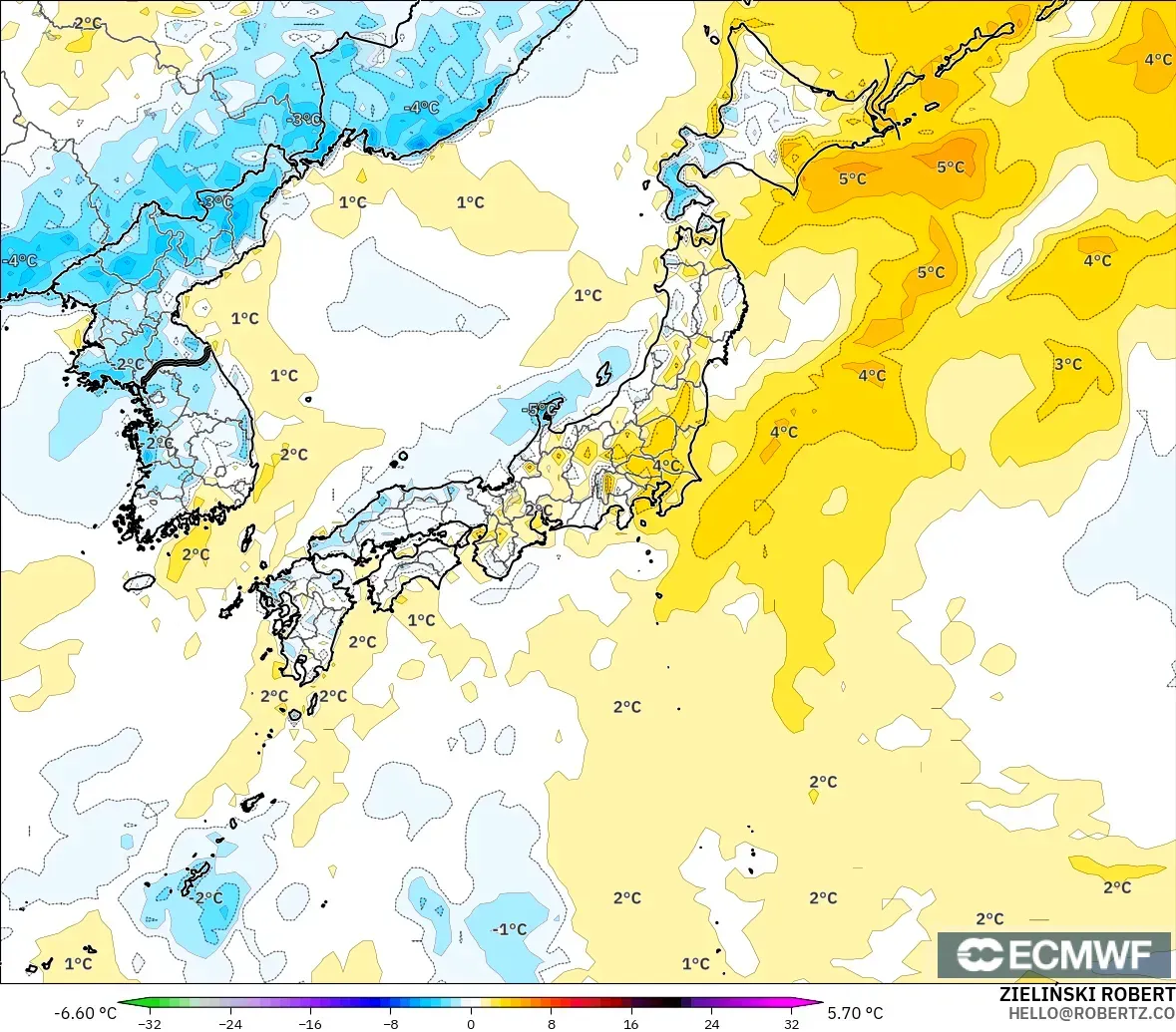 ECMWF IFS 0.25° model - Japonya, 2 m Sıcaklık Anomalisi