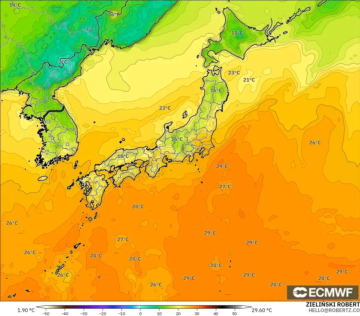 ECMWF IFS 0.25° model - Japonya, 2 m Sıcaklık