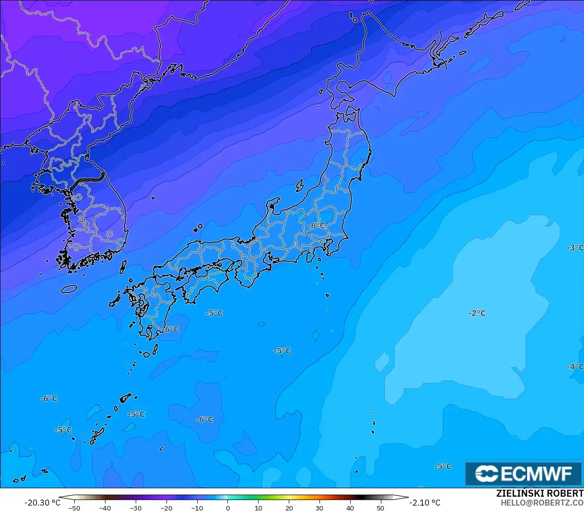 ECMWF IFS 0.25° model - Japonya, 500 hPa Sıcaklık