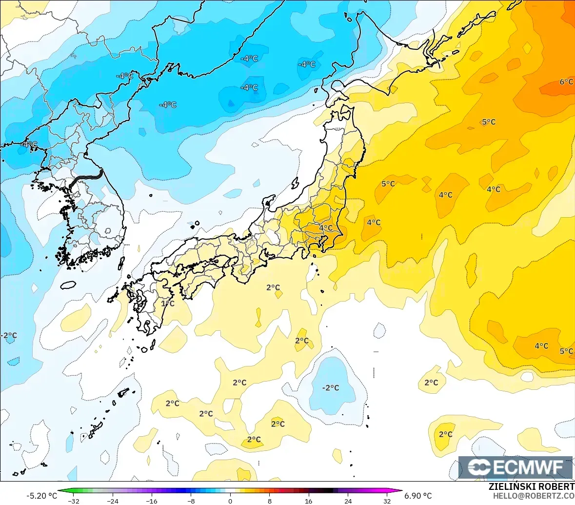 ECMWF IFS 0.25° model - Japonya, 850 hPa Sıcaklık Anomalisi
