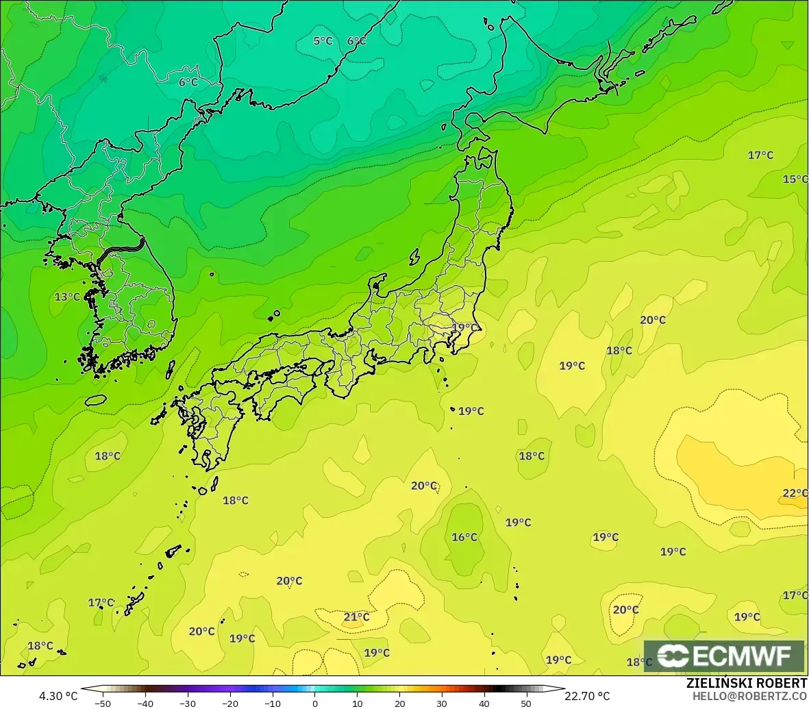 ECMWF IFS 0.25° model - Japonya, 850 hPa Sıcaklık