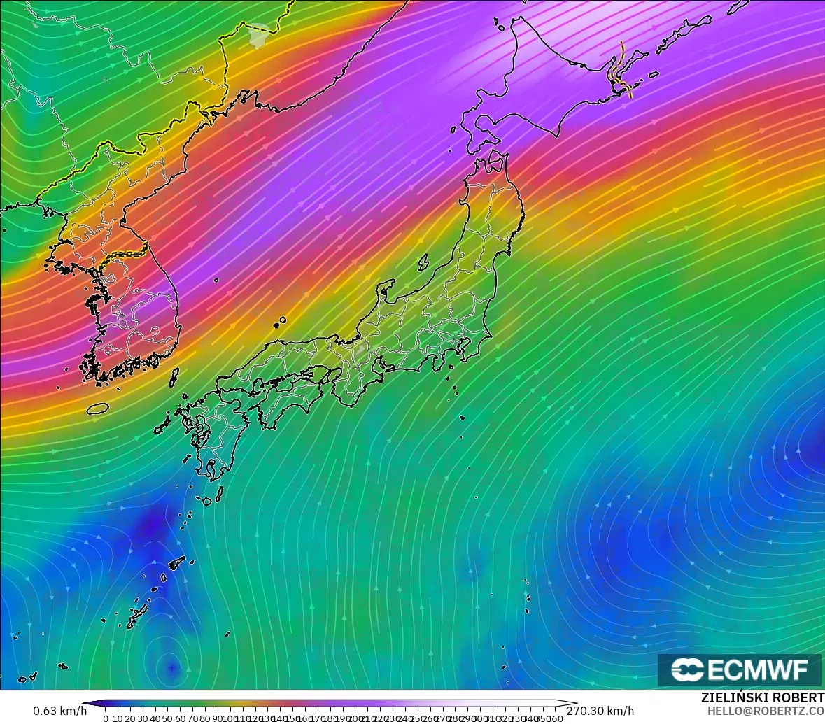 ECMWF IFS 0.25° model - Japonya, 300 hPa Rüzgârı (jet)