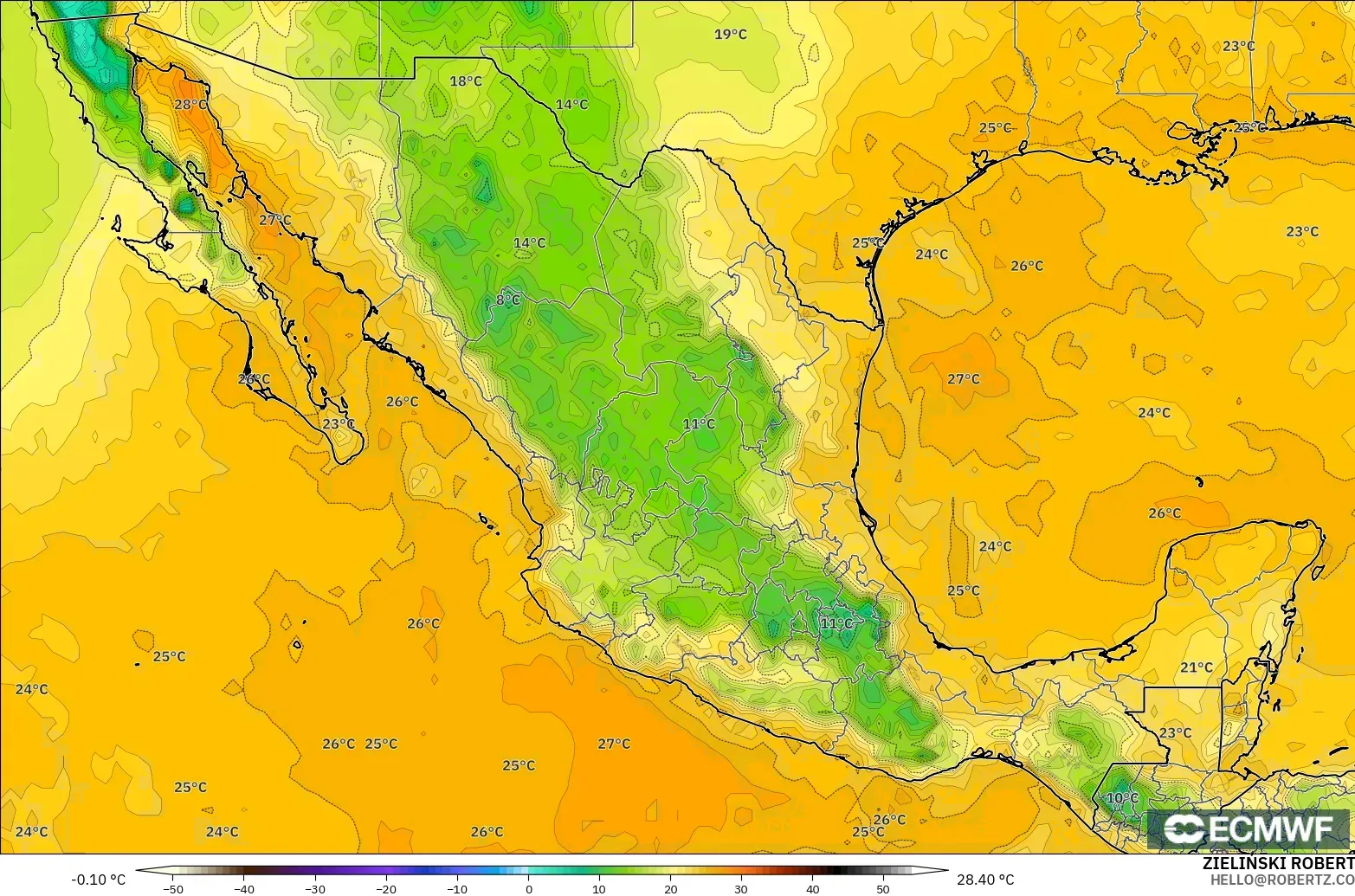 ECMWF IFS 0.25° model - Meksika, 2 m Çiy Noktası