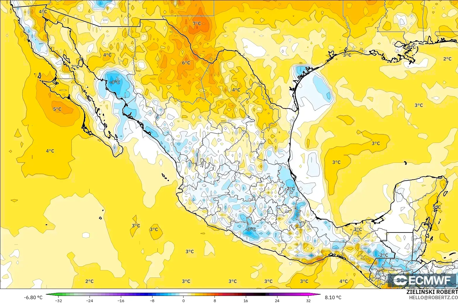 ECMWF IFS 0.25° model - Meksika, 2 m Sıcaklık Anomalisi