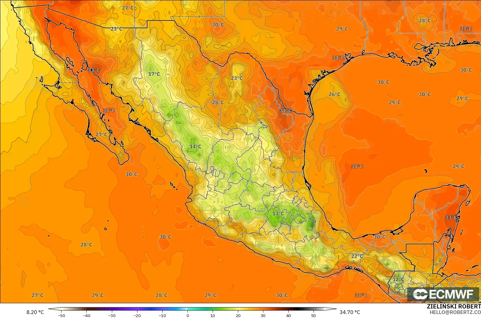 ECMWF IFS 0.25° model - Meksika, 2 m Sıcaklık