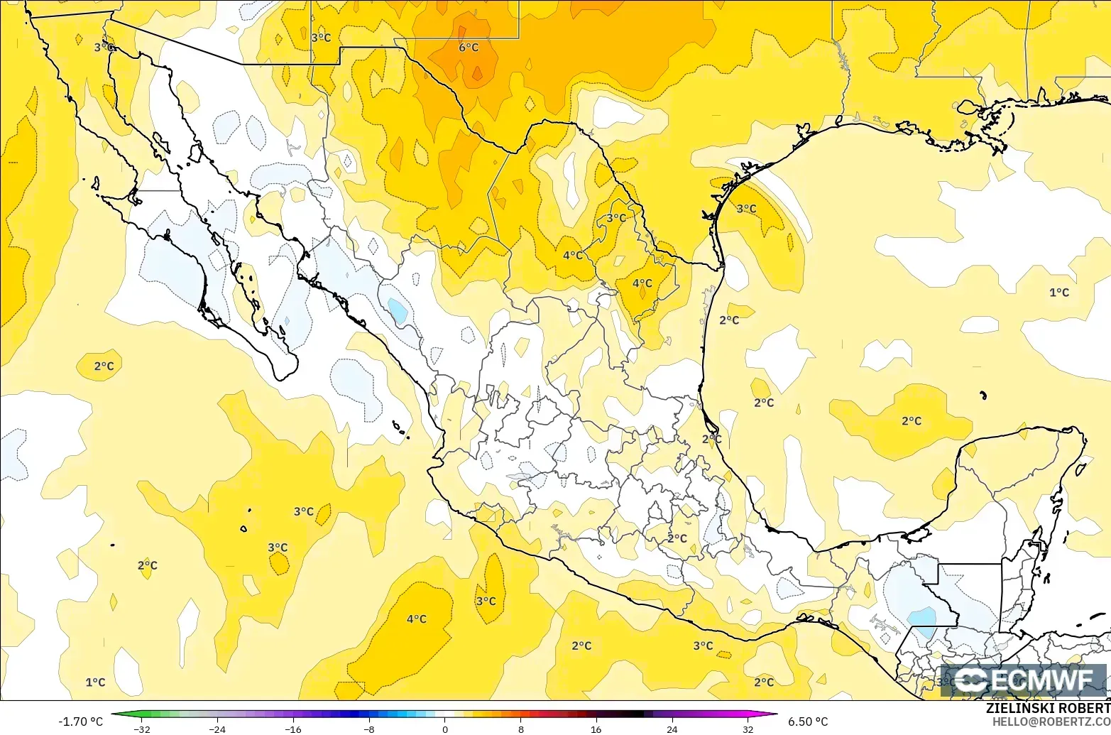 ECMWF IFS 0.25° model - Meksika, 850 hPa Sıcaklık Anomalisi