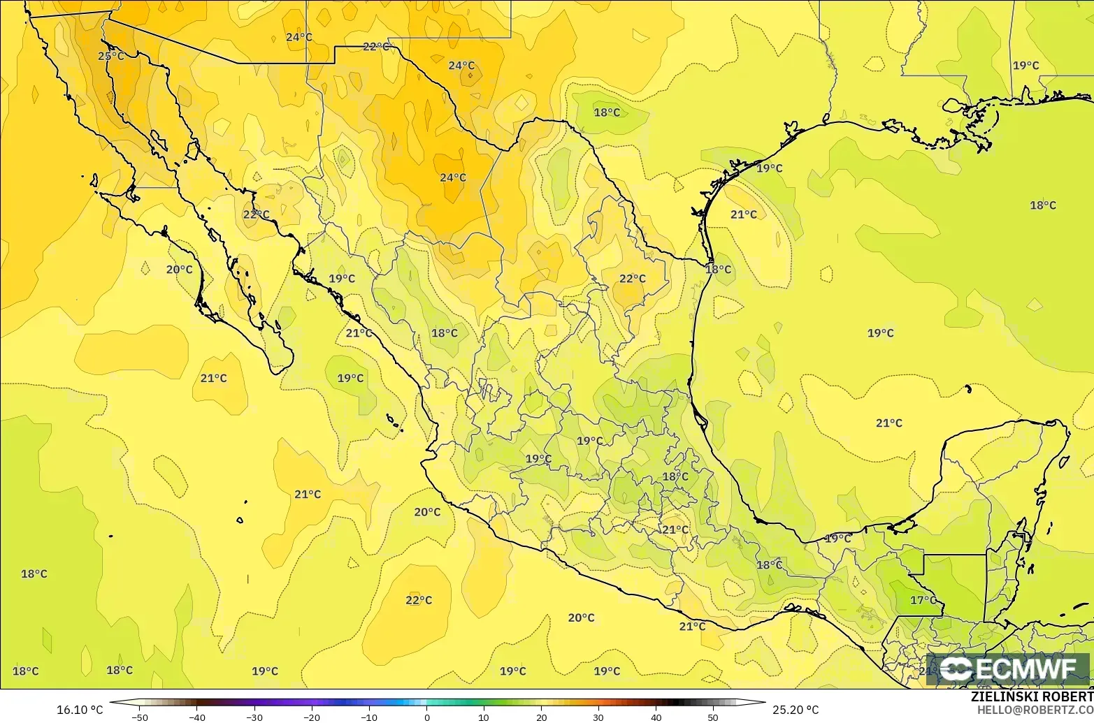 ECMWF IFS 0.25° model - Meksika, 850 hPa Sıcaklık