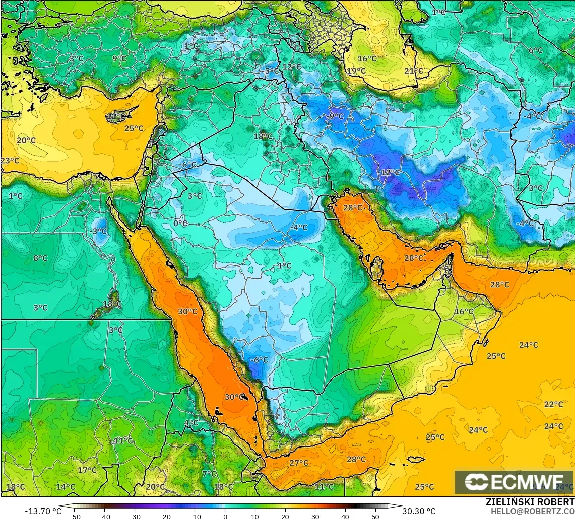 ECMWF IFS 0.25° model - Orta Doğu, 2 m Çiy Noktası
