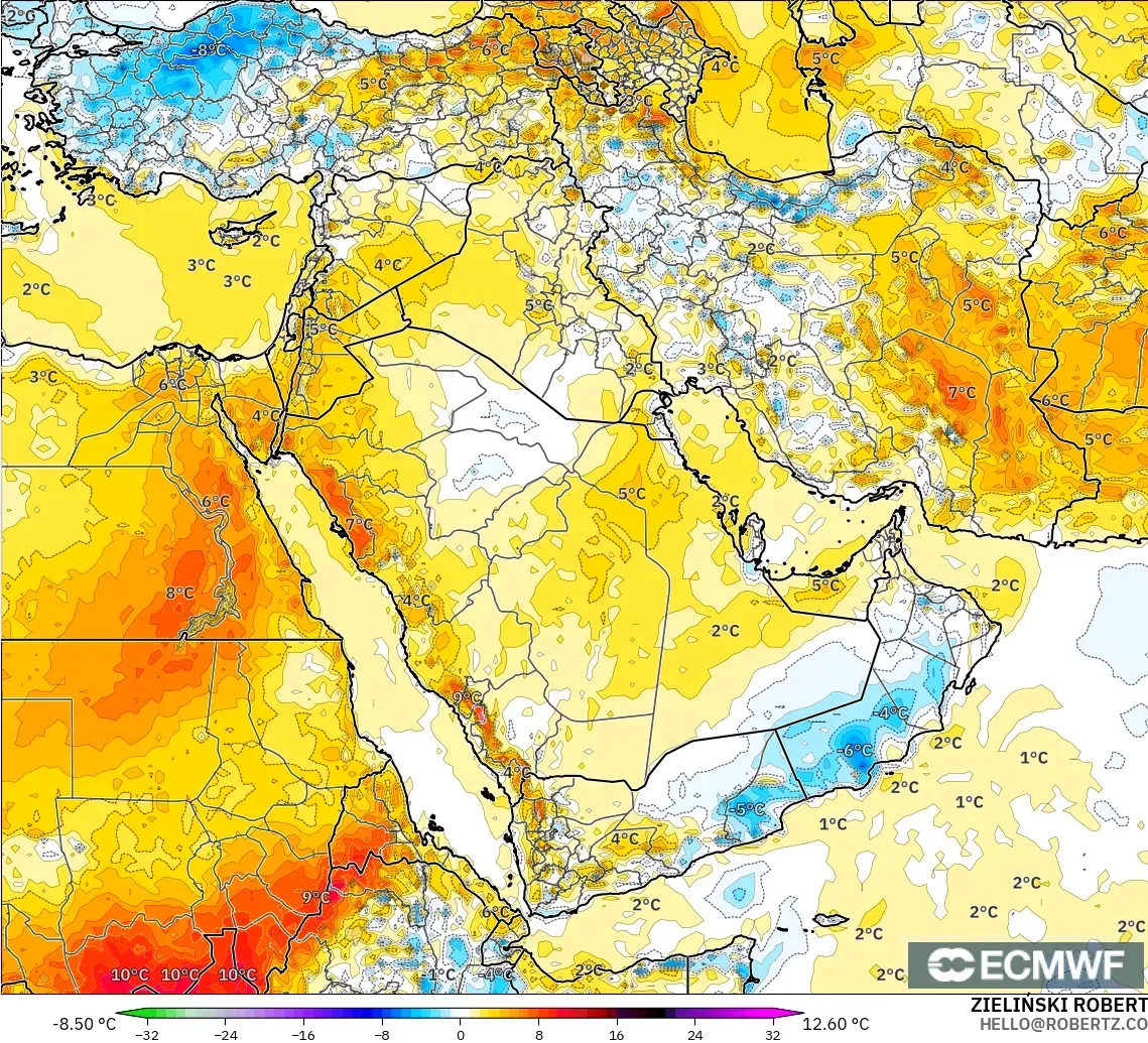 ECMWF IFS 0.25° model - Orta Doğu, 2 m Sıcaklık Anomalisi