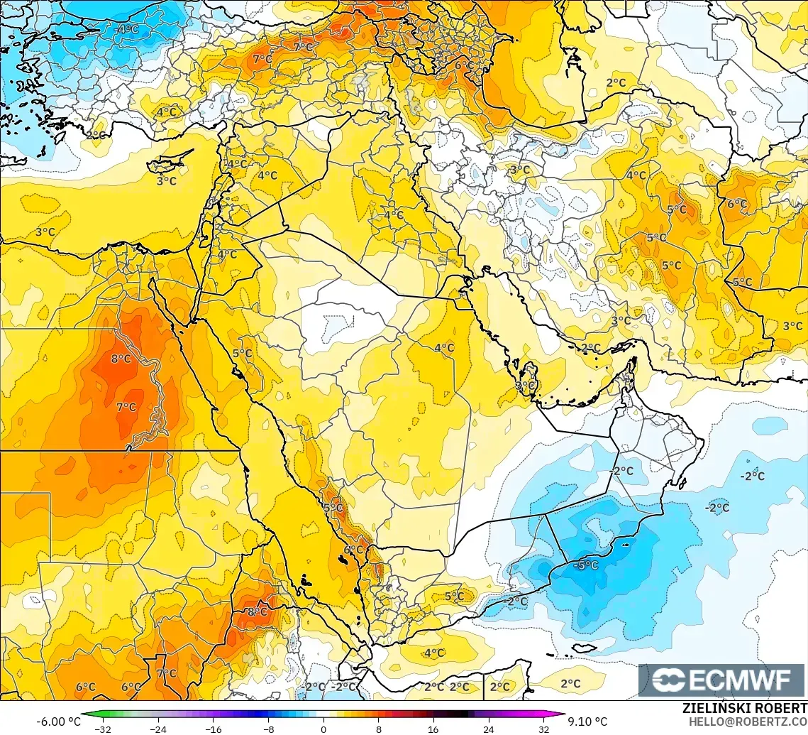ECMWF IFS 0.25° model - Orta Doğu, 850 hPa Sıcaklık Anomalisi