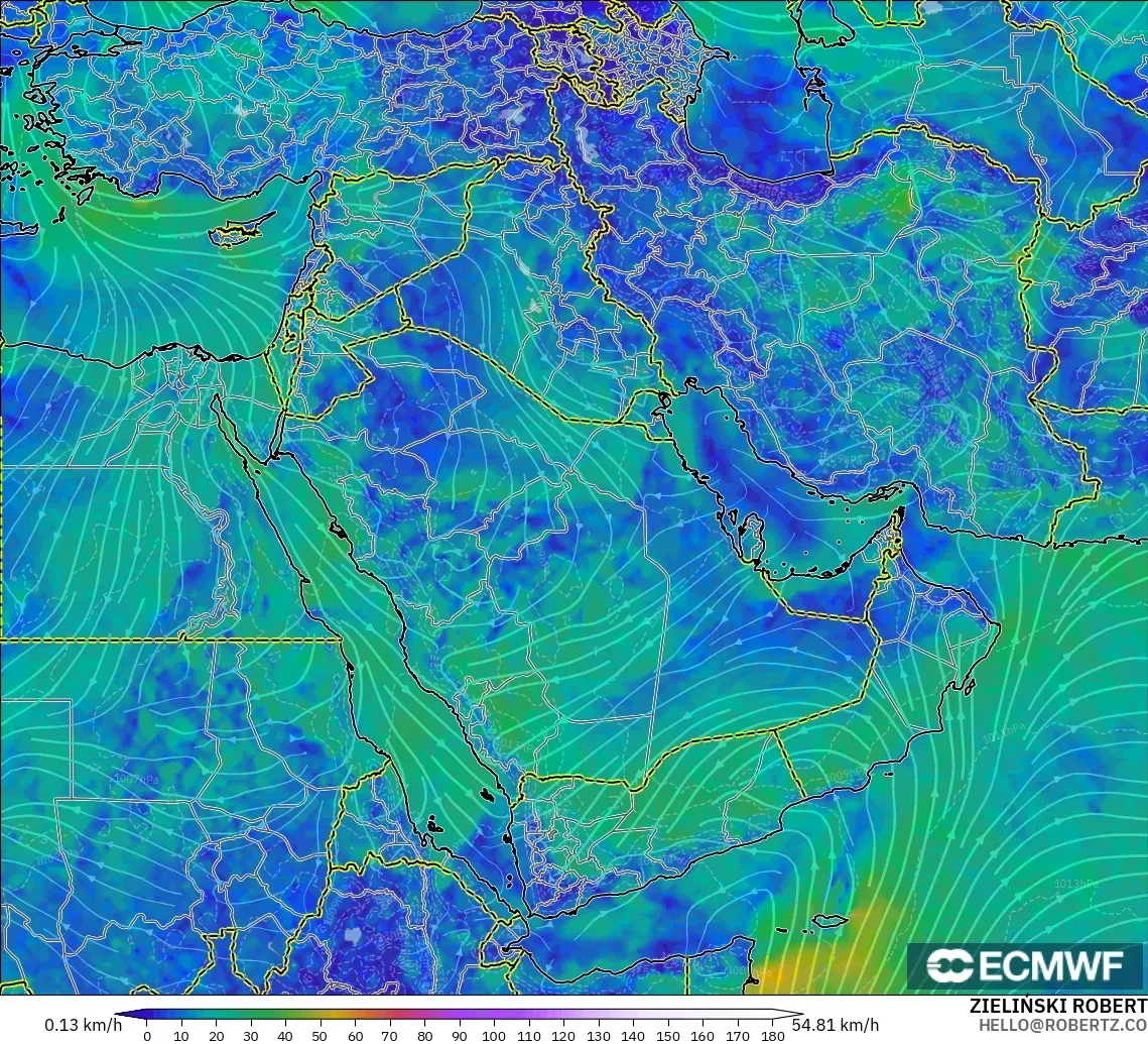 ECMWF IFS 0.25° model - Orta Doğu, 10 m Rüzgâr