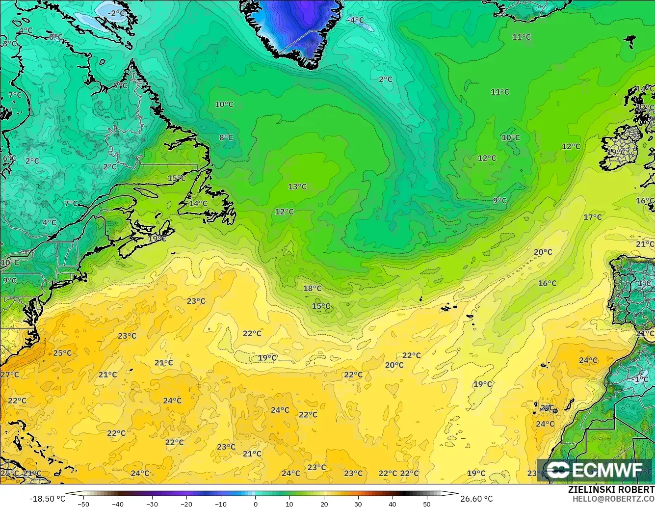 ECMWF IFS 0.25° model - Kuzey Atlantik, 2 m Çiy Noktası