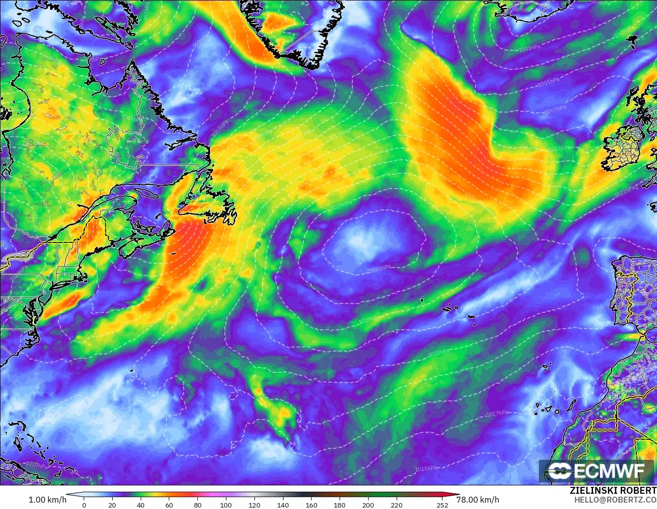 ECMWF IFS 0.25° model - Kuzey Atlantik, En Yüksek Rüzgâr