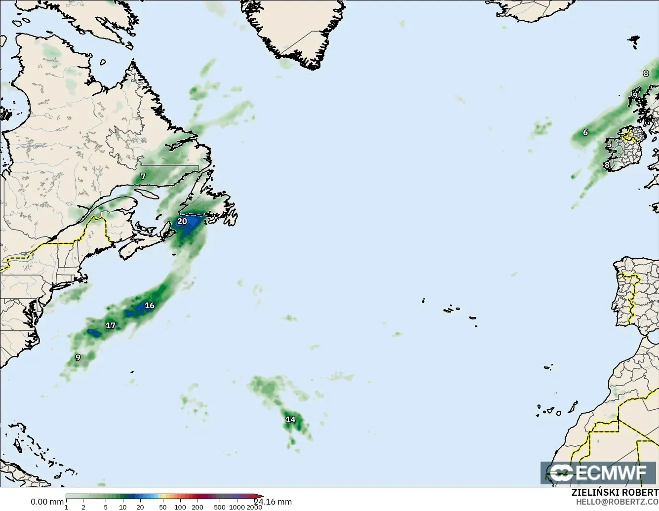 ECMWF IFS 0.25° model - Kuzey Atlantik, Yağış Birikimi