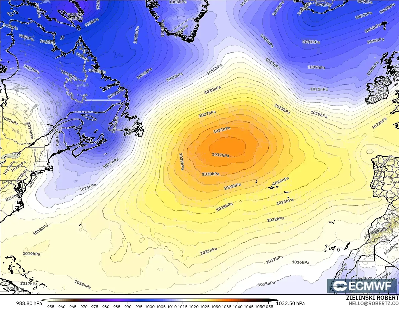ECMWF IFS 0.25° model - Kuzey Atlantik, Basınç