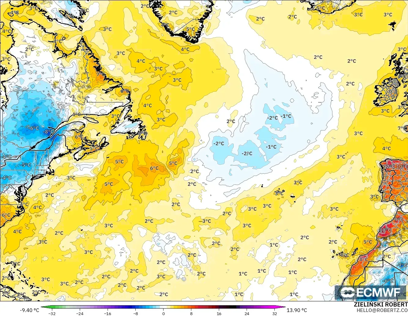 ECMWF IFS 0.25° model - Kuzey Atlantik, 2 m Sıcaklık Anomalisi