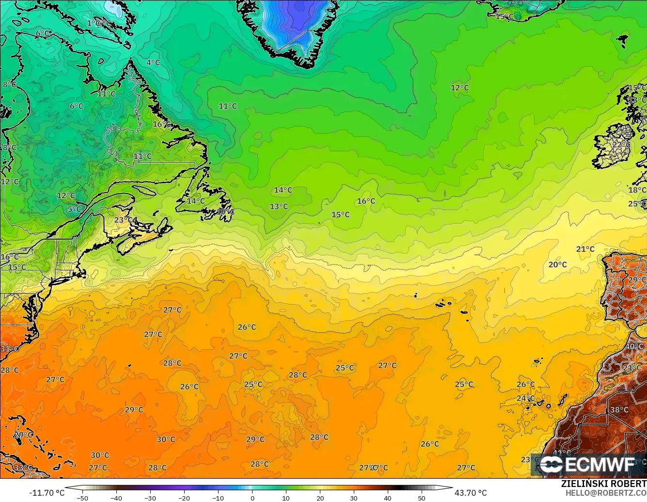 ECMWF IFS 0.25° model - Kuzey Atlantik, 2 m Sıcaklık