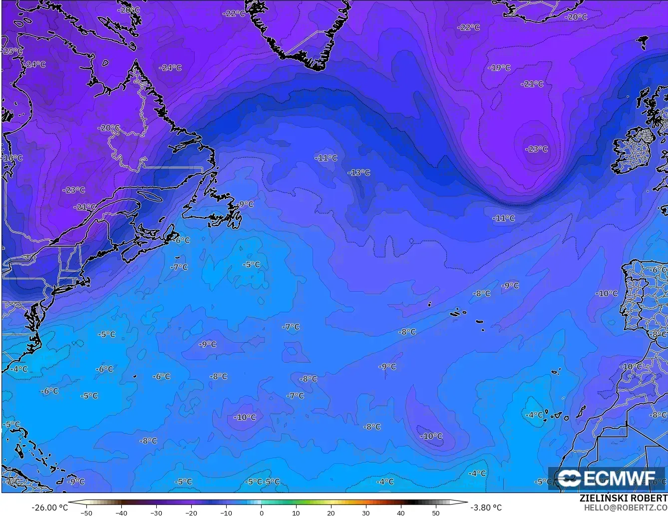 ECMWF IFS 0.25° model - Kuzey Atlantik, 500 hPa Sıcaklık