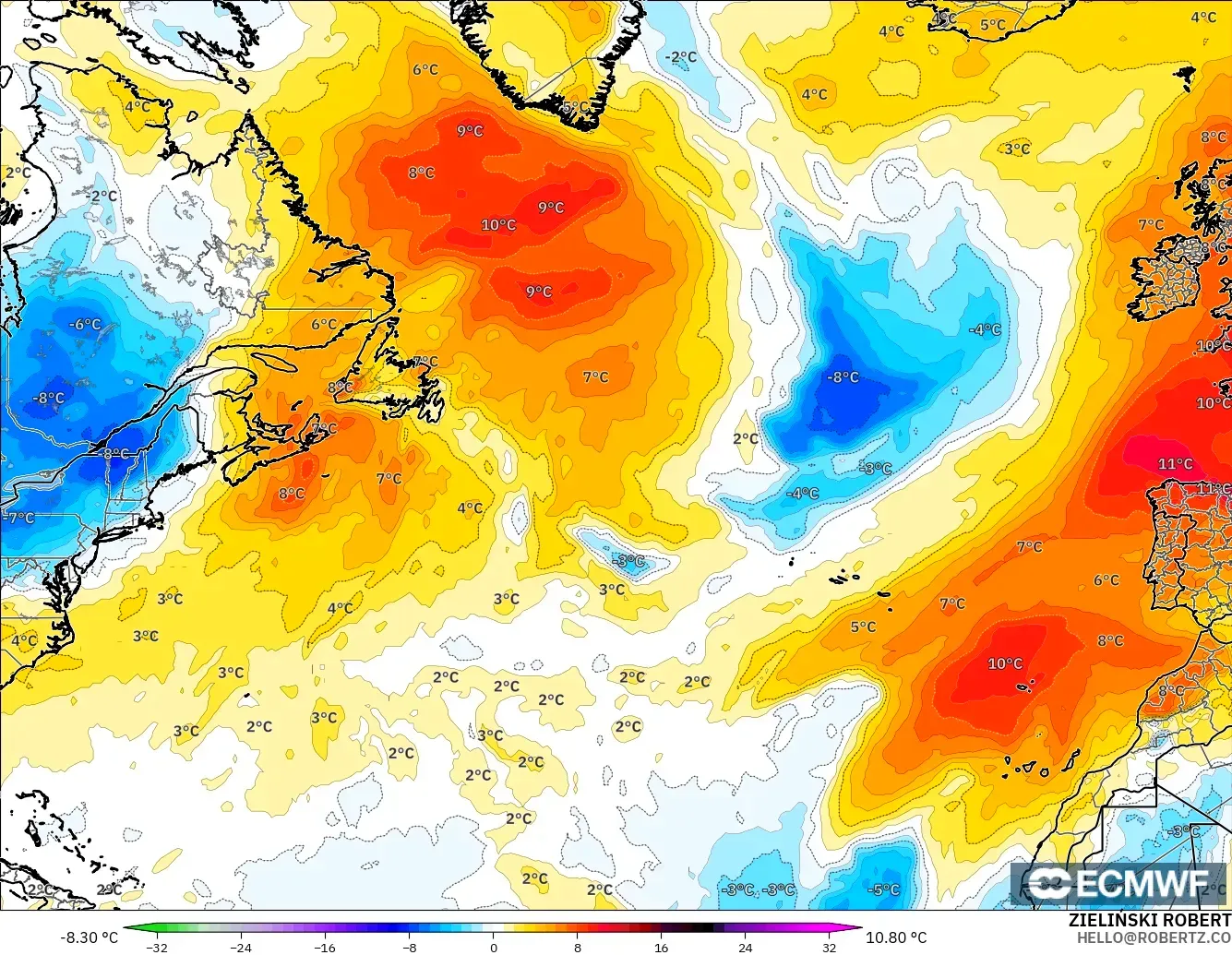 ECMWF IFS 0.25° model - Kuzey Atlantik, 850 hPa Sıcaklık Anomalisi