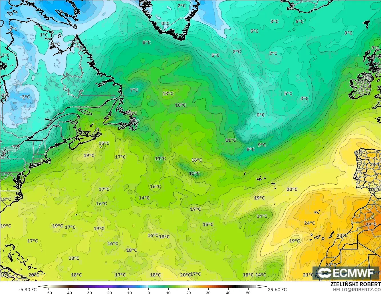 ECMWF IFS 0.25° model - Kuzey Atlantik, 850 hPa Sıcaklık