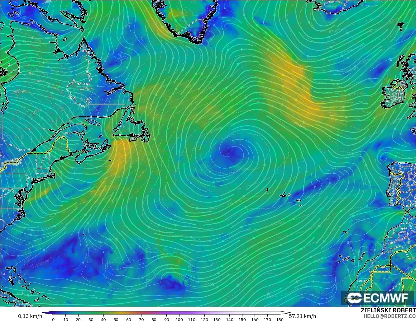 ECMWF IFS 0.25° model - Kuzey Atlantik, 10 m Rüzgâr