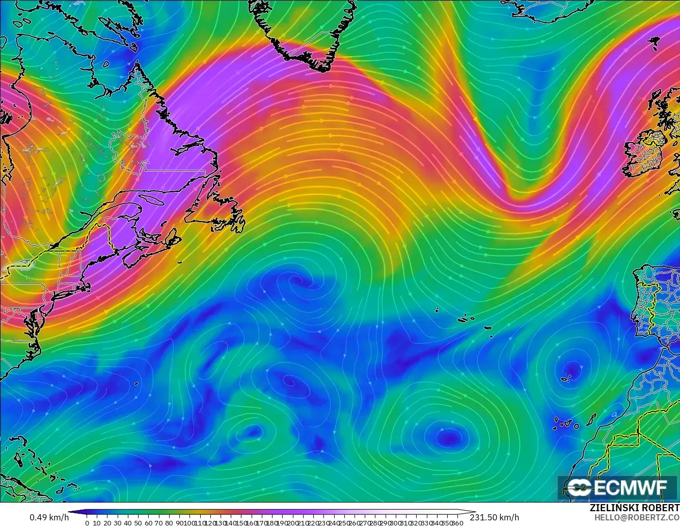 ECMWF IFS 0.25° model - Kuzey Atlantik, 300 hPa Rüzgârı (jet)