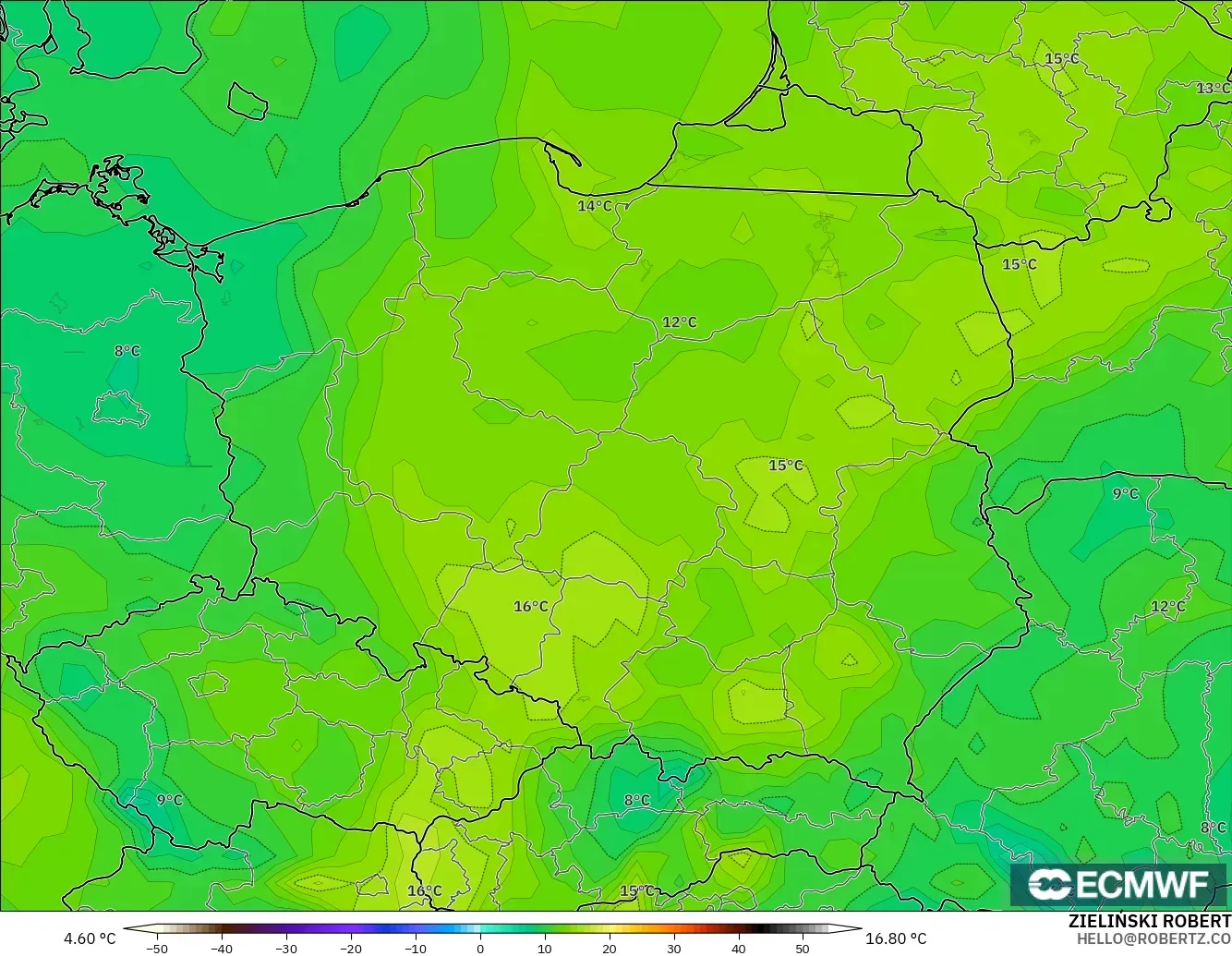 ECMWF IFS 0.25° model - Polonya, 2 m Çiy Noktası