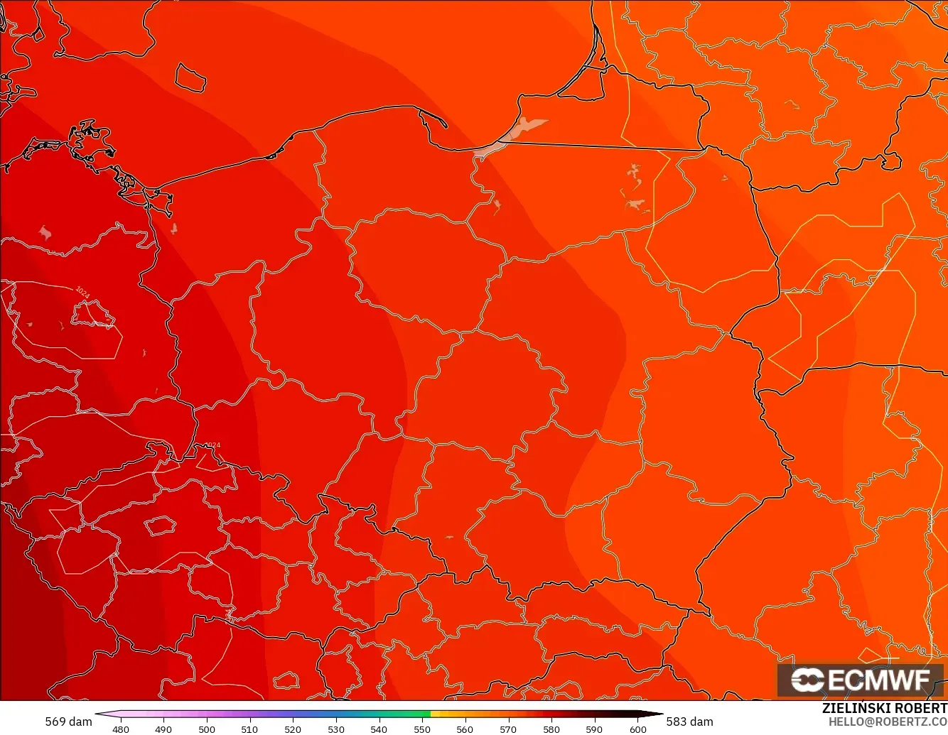 ECMWF IFS 0.25° model - Polonya, 500 hPa’da jeopotansiyel yükseklik