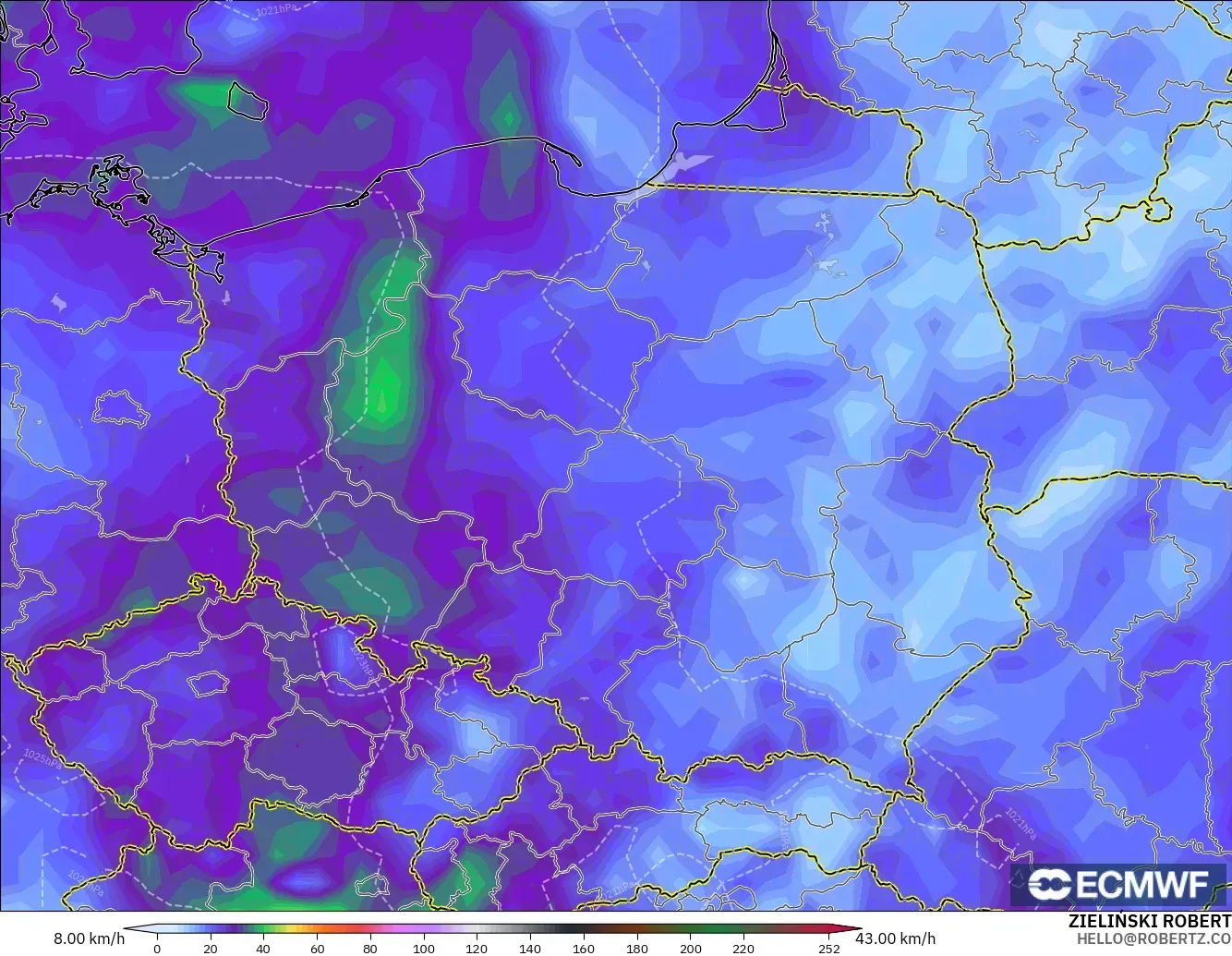 ECMWF IFS 0.25° model - Polonya, En Yüksek Rüzgâr