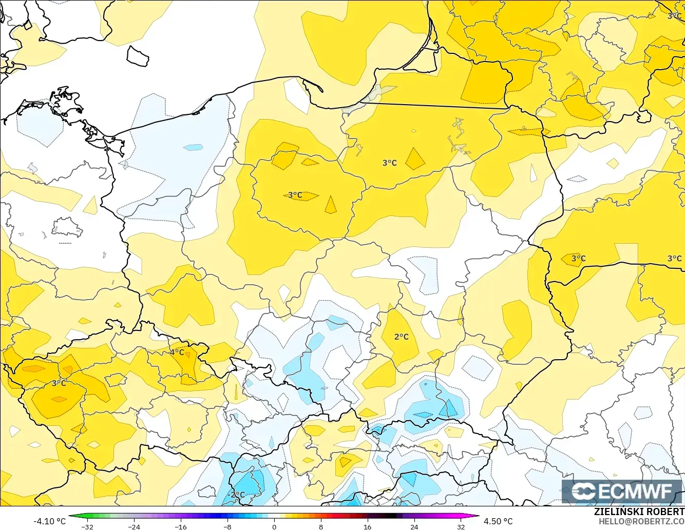 ECMWF IFS 0.25° model - Polonya, 2 m Sıcaklık Anomalisi