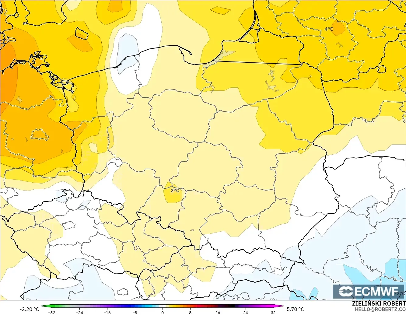 ECMWF IFS 0.25° model - Polonya, 850 hPa Sıcaklık Anomalisi
