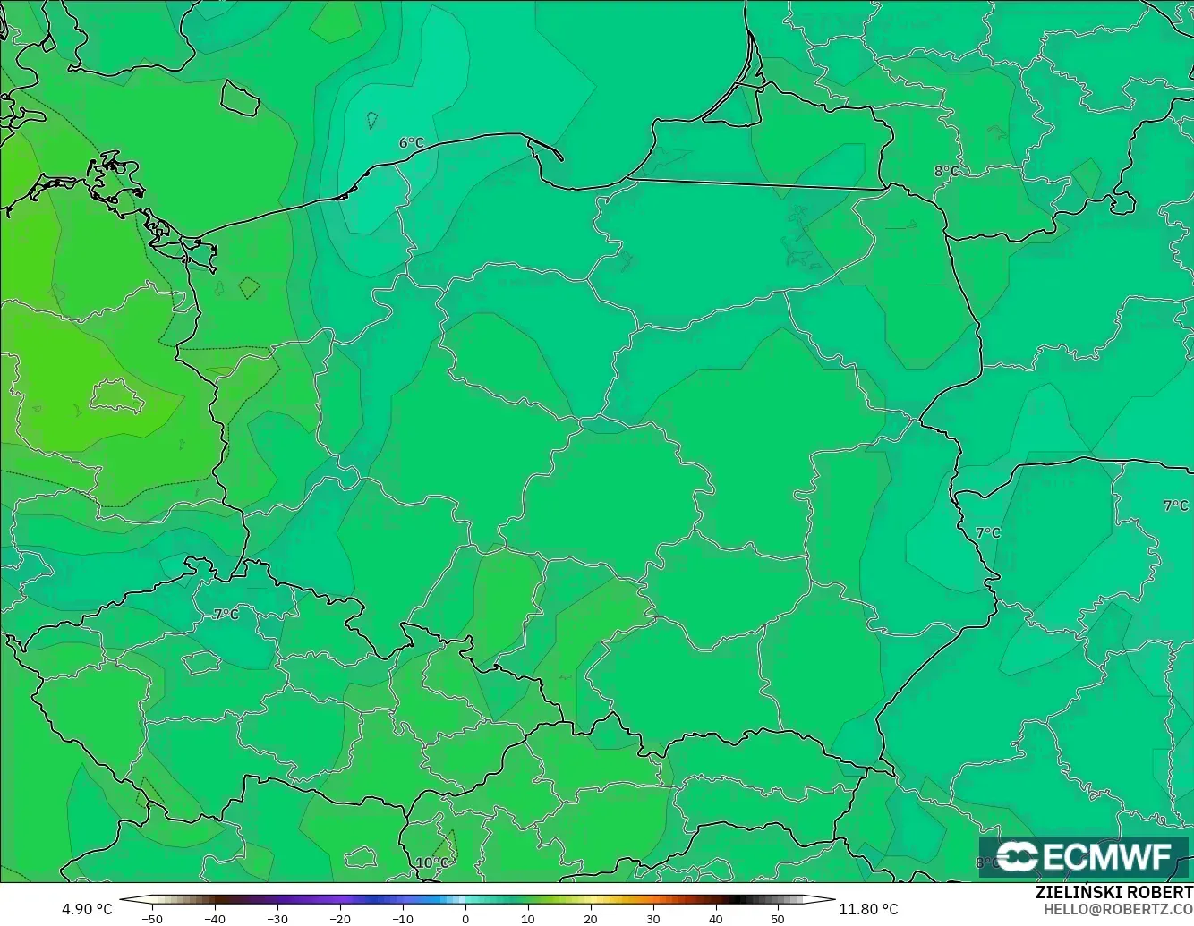 ECMWF IFS 0.25° model - Polonya, 850 hPa Sıcaklık
