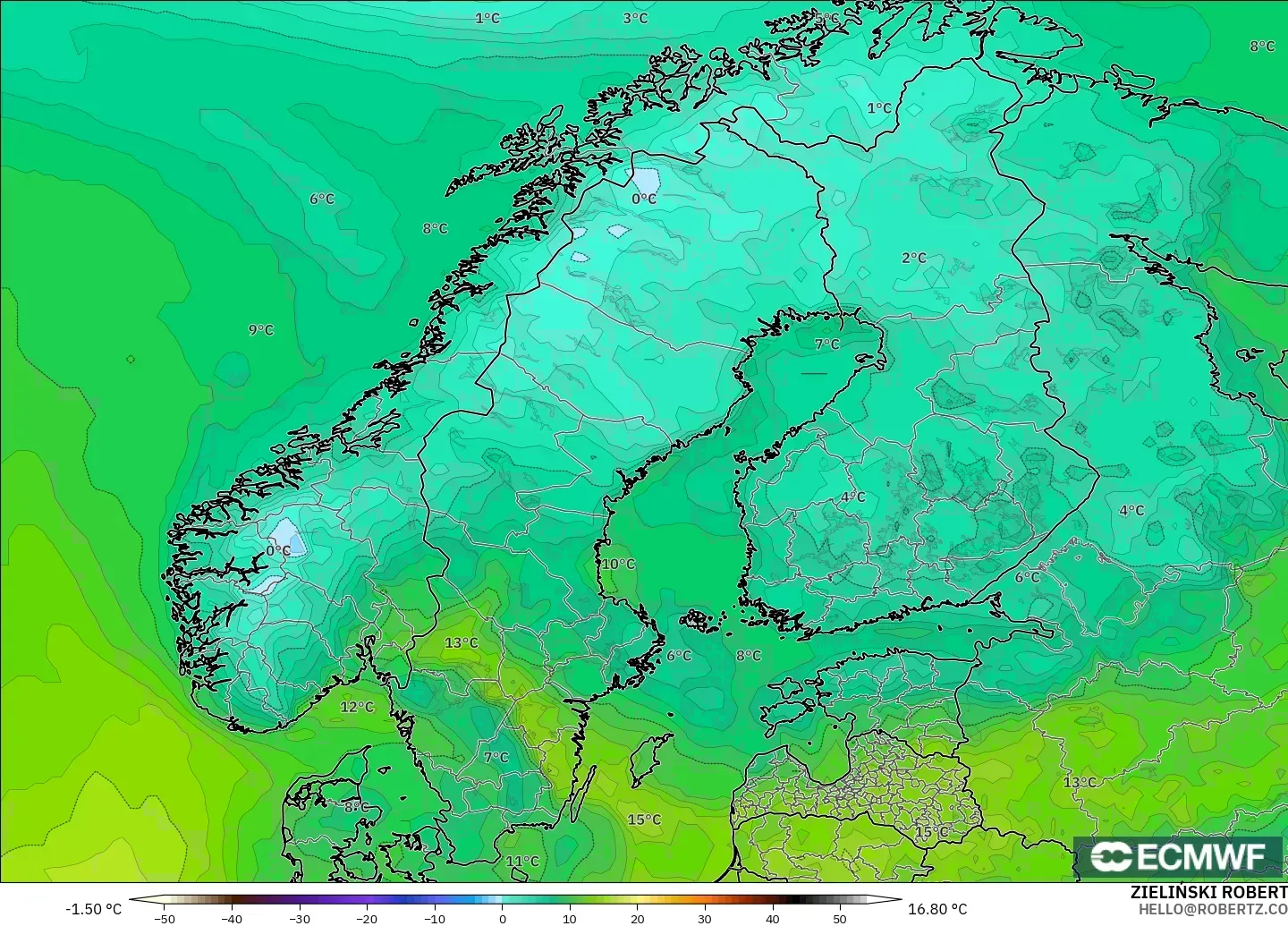 ECMWF IFS 0.25° model - İskandinavya, 2 m Çiy Noktası