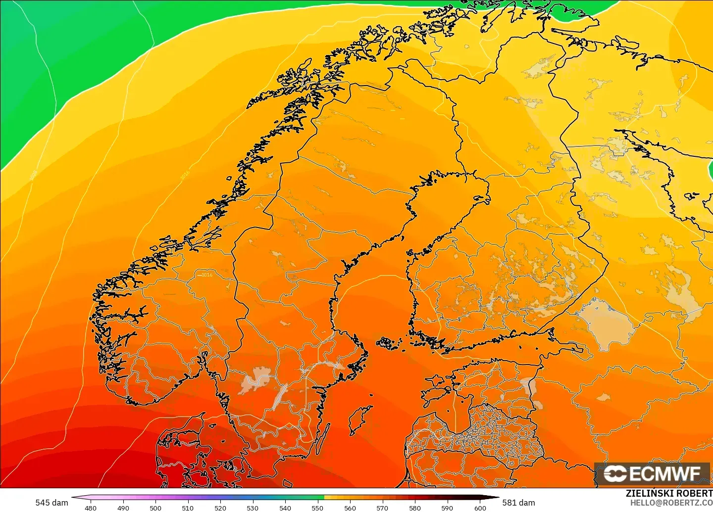 ECMWF IFS 0.25° model - İskandinavya, 500 hPa’da jeopotansiyel yükseklik