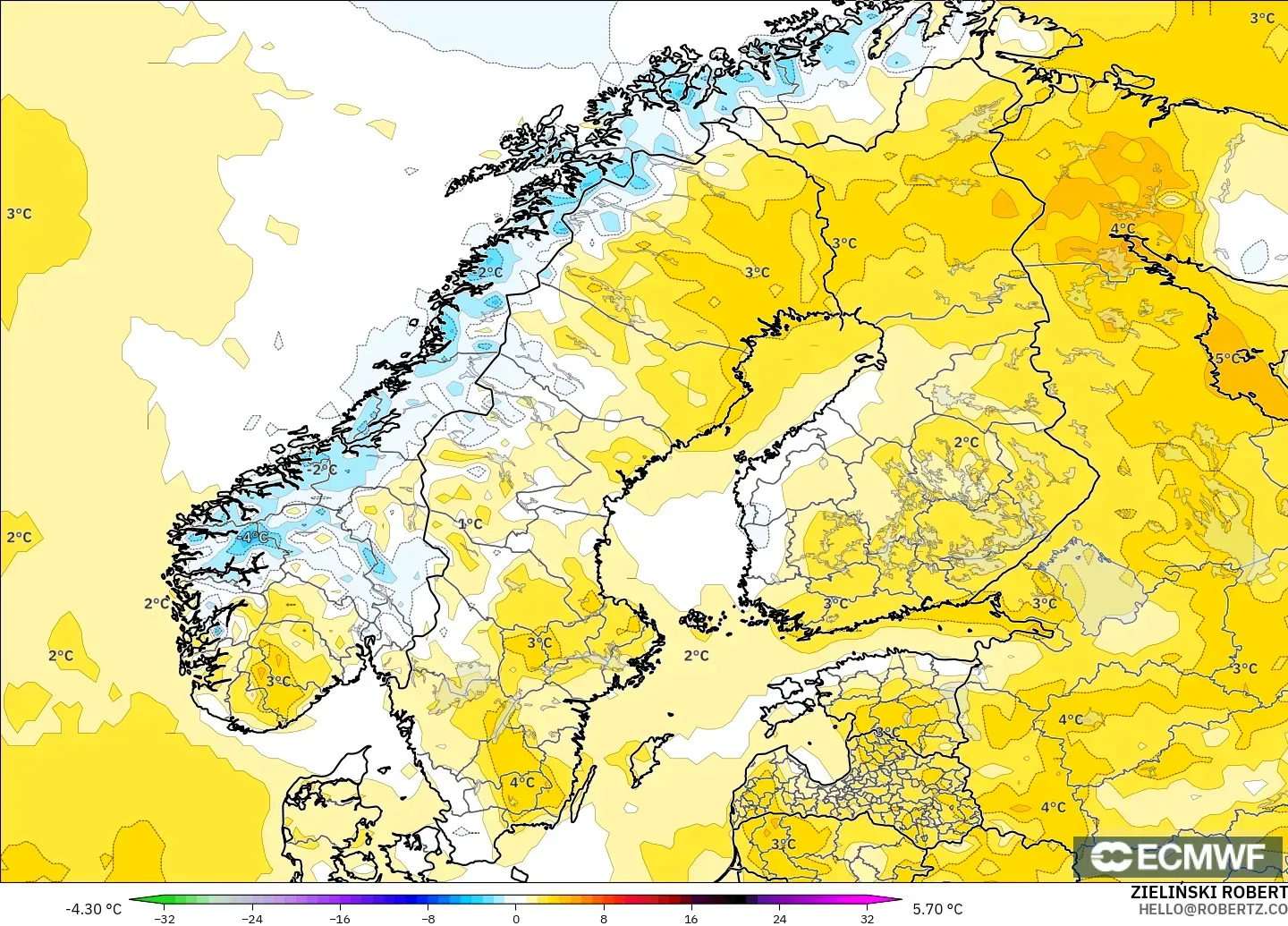 ECMWF IFS 0.25° model - İskandinavya, 2 m Sıcaklık Anomalisi