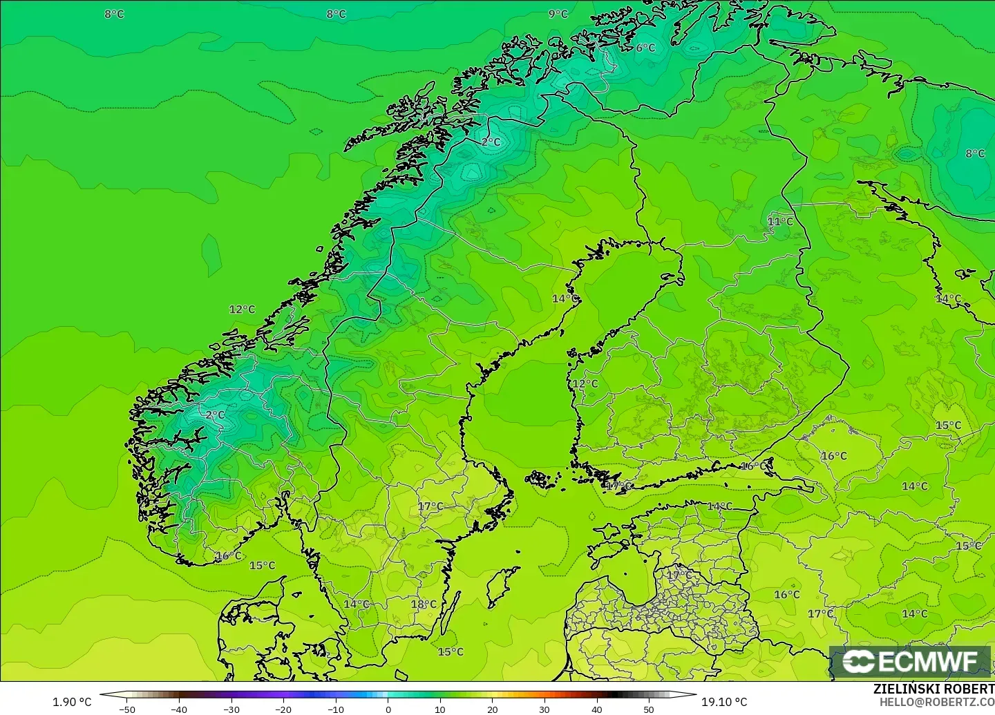ECMWF IFS 0.25° model - İskandinavya, 2 m Sıcaklık