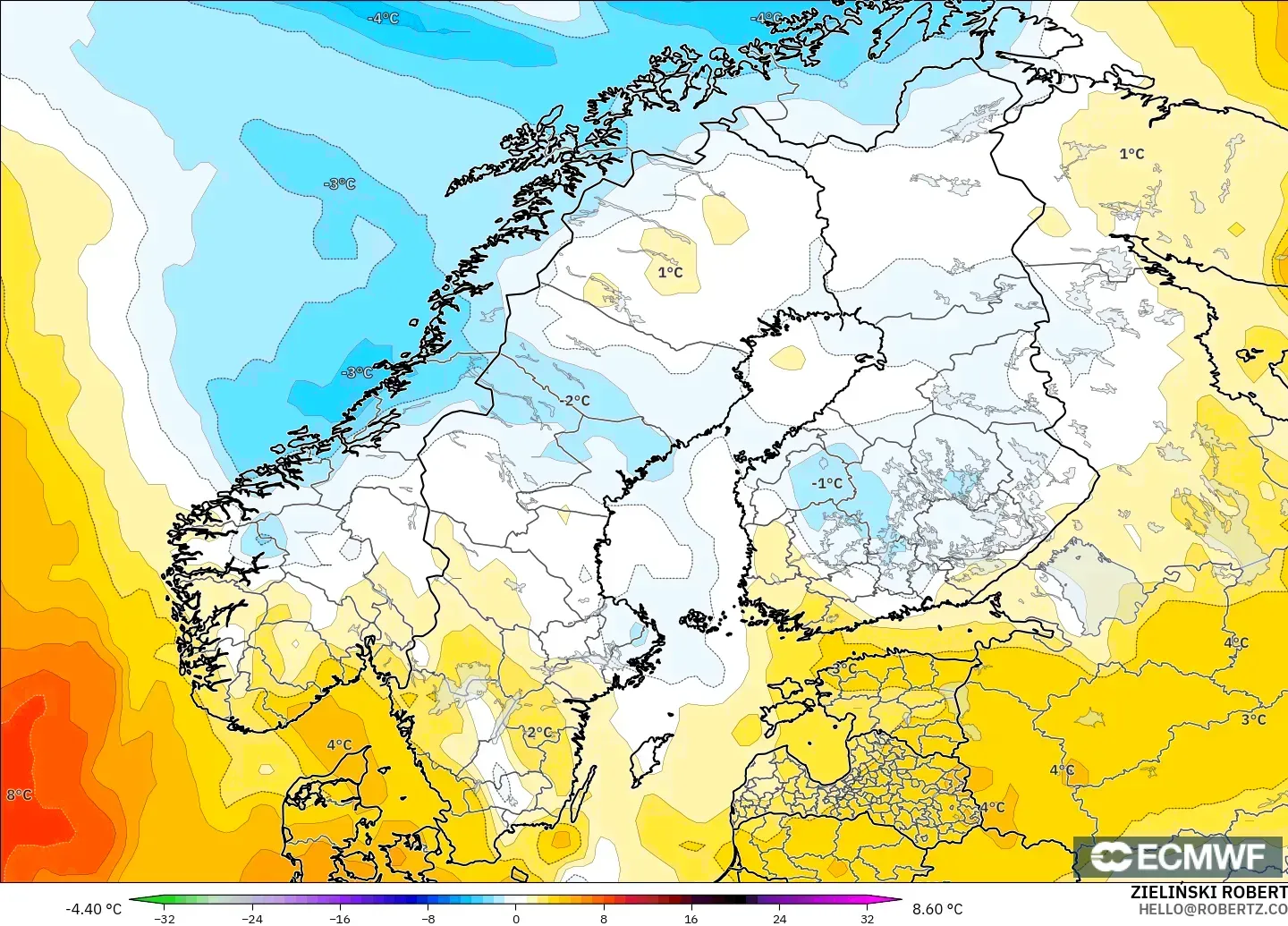 ECMWF IFS 0.25° model - İskandinavya, 850 hPa Sıcaklık Anomalisi