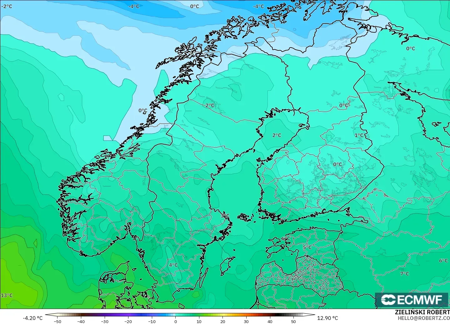 ECMWF IFS 0.25° model - İskandinavya, 850 hPa Sıcaklık