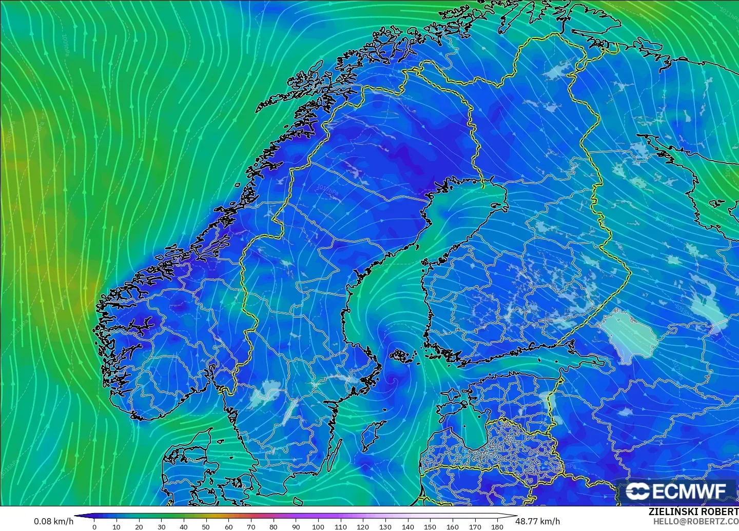 ECMWF IFS 0.25° model - İskandinavya, 10 m Rüzgâr