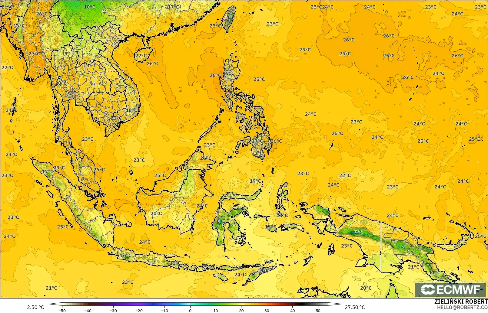 ECMWF IFS 0.25° model - Güneydoğu Asya, 2 m Çiy Noktası