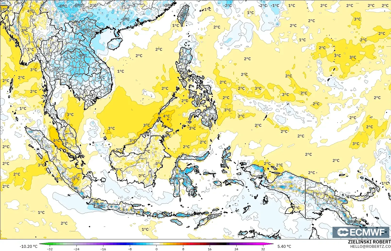 ECMWF IFS 0.25° model - Güneydoğu Asya, 2 m Sıcaklık Anomalisi